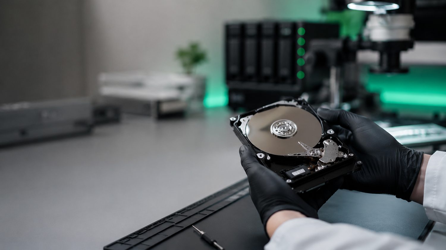 Datenrettungsexperte hält eine geöffnete Festplatte im Labor